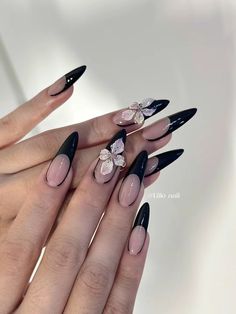 Long Nails Black French, Black Nails 3d Flowers, Black And White 3d Flower Nails, Black Floral Nails Simple, Black French Tip Flower Nails, Black French Tip Nails With Flower, Black 3d Nail Art, Black And Flower Nails, Black Nails Stilleto