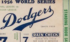 an old baseball ticket from the 1950 world series with dodgers on it's back