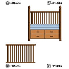 the baby crib and dresser are labeled