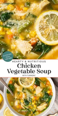 a bowl of hearty and nutritious chicken vegetable soup with lemons on the side