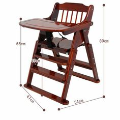 a wooden high chair with measurements for the seat and foot rest on top of it