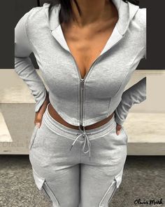 Olivia Mark - Cozy Fit Zipper Design Hooded Sweatpants with Pockets Casual Winter Bottoms With Zipper Closure, Fitted Sweatpants With Pockets For Winter, Fitted Winter Sweatpants With Pockets, Fitted Gray Sweatpants For Winter, Trendy Winter Tracksuit With Pockets, Fitted Hooded Tracksuit With Pockets, Fitted Winter Tracksuit With Pockets, Casual Elegant Style, Sweatpants With Pockets