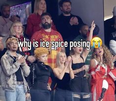 a group of people standing next to each other in front of a tv screen with the words why is ice spice posting?