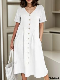 Olivia Mark - Elegant Loose-fit High-waisted Cotton Linen Dress Cotton Long Dress, Cotton Linen Dresses, High Waist Dress, High Waist Fashion, Straight Dress, Linnet, Hipster Fashion, Vestido Casual, Basic Outfits