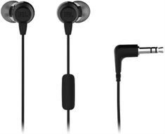 the jbl in ear headphones are black and have two microphones attached to them