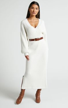 Kartia Midaxi Dress - V Neck Knit Dress in Off White | Showpo USA Knitted Dress Outfit, White Knit Dress, Plum Dress, Dress With Sleeves, White Midi, Game Dresses, Dress Midi, Knit Midi, Knit Midi Dress