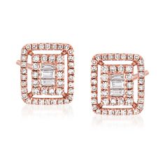 Ross-Simons - .40ct t. w. Baguette, Round Diamond Frame Earrings in 18kt Rose Gold. As pretty as a picture. A center rectangle features a portrait of baguette and round diamonds and is bordered by more diamonds on a sweet backdrop of polished 18kt rose gold. Ideal for everyday wear, these beauties will elevate your look every time you wear them. Post/clutch, diamond frame earrings. Diamond birthstones are the perfect gift for April birthdays. April Birthday, Diamond Birthstone, Diamond Frame, Earrings Diamond, Fine Jewellery Earrings, Round Diamond, Round Diamonds, Fine Jewelry, Jewelry Earrings