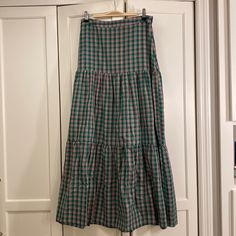 Green Plaid Maxi Skirt, Never Worn, Current Season (2023), Light Weight Cotton Flannel Maxi Skirt, Plaid Tiered Skirt, Long Gingham Skirt, Soft Summer Green, Thrifted Skirts, Sunday Skirt, Thrift Inspiration, Purple Plaid Skirt, Mission Prep