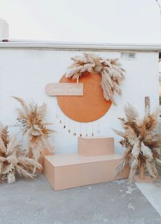 an orange and white wall with some plants on it's display stand next to two pink boxes