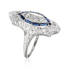 Ross-Simons - C. 1950 Vintage .35ct t. w. Synthetic Sapphire Filigree Ring, .30ct t. w. Diamonds. Size 7. C. 1950. Boasting quintessential Retro-era elegance, this Estate collection ring features the sultry sparkle of .35 ct. t. w. synthetic sapphire baguettes and icy .30 ct. t. w. round Old Mine-cut diamonds. Finely crafted in polished 18kt white gold with intricate filigree openwork throughout. 7/8" wide. Diamond and synthetic sapphire ring. Exclusive, one-of-a-kind Estate Jewelry. Sapphire bi Jewelry Sapphire, Sapphire Birthstone, Retro Era, 1950 Vintage, Filigree Ring, Estate Jewelry, Sapphire Ring, Diamond Cuts, Sapphire