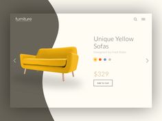 a yellow couch sitting on top of a white table