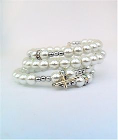 5 Decade rosary bracelet, women catholic bracelet, memory wire bracelet, bridesmaids gift, wrap brac Catholic Bracelet, White Beads Bracelet, Christian Bracelets, White Pearl Bracelet, Decade Rosary, Memorial Bracelet, Godmother Gifts, Rosary Bracelet, Girls Handmade