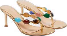 Luxury Multicolor Formal Sandals, Luxury Multicolor Sandals For Formal Occasions, Luxury Multicolor Open Toe Sandals, Luxury Multicolor Open Heel Sandals, Elegant Multicolor Beach Sandals, Elegant Multicolor Sandals For The Beach, Luxury Gold Toe Post Sandals, Luxury Almond Toe Sandals For Galas, Elegant T-strap Sandals With Leather Sole