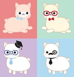 four different colored cats with glasses and a cat in a tie, one wearing a hat