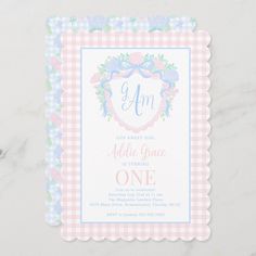 Grandmillennial Watercolor Crest First Birthday Editable Blank Grand Millennial Birthday, Every Day Is A Gift Birthday Party, Pink Gingham Birthday Party, Pink Gingham Background, Preppy Watercolor, One Year Old Birthday Party, Gingham Background, Watercolor Crest, 1st Birthday Party Themes