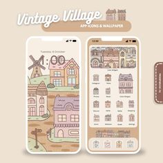 an app with houses and windmills on the screen, next to a cell phone