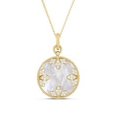 Wear your personality as a pendant. Medallions by Roberto Coin are made brilliant with diamond-adorned pendants. Crafted in 18k yellow gold, this necklace boasts a medallion pendant with shimmering mother-of-pearl and glistening diamonds. The diamonds are 1/2ctw, H or better in color, and SI1 or better in clarity. The chain measures 18 inches in length. Roberto Coin signs each one of his pieces with a small ruby casted inside the piece, in direct contact with the skin of the one who wears it. Th Luxury Medallion Diamond Necklace With Accents, Elegant Medallion Diamond Necklace With Diamond Accents, Elegant Medallion Necklace With Single Cut Diamonds, Elegant Single Cut Diamond Medallion Necklace, Gold Diamond Necklace With Pearl Pendant, Luxury White Medallion Necklace, Elegant Diamond White Medallion Necklace, Yellow Gold Diamond Necklace With Pearl Pendant, Luxury Yellow Gold Necklace With Pearl Pendant