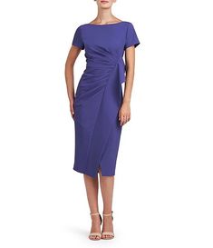 Kay Unger Stretch Crepe Boat Neckline Short Sleeve Pleated Bodice Midi Dress | Dillard's Short Sleeve Dresses With Ruched Bodice, Fitted Pleated Short Sleeve Midi Dress, Fitted Pleated Midi Dress With Short Sleeves, Stretch Pleated Short Sleeve Dresses, Stretch Pleated Dress With Short Sleeves, Pleated Stretch Dress With Short Sleeves, Flattering Short Sleeve Midi Evening Dress, Flattering Short Sleeve Midi Dress For Evening, Short Sleeve Midi Dress With Pleated Bodice For Party