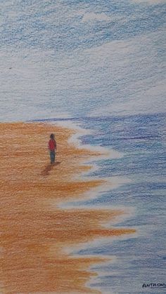 a drawing of a person walking on the beach