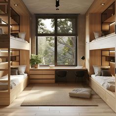 This Scandinavian dormitory room combines functionality and tranquility with light wooden furniture, two sets of bunk beds with built-in storage, and a large window offering serene views. The study area, with a spacious desk, black chairs, and a sleek lamp, is perfect for focused work. Natural light floods the room, highlighting a cozy woven rug and a vibrant potted plant, creating an inviting and organized space. Backpackers Hostel Design, Room With Bunk Beds, Stilt House, Building Types, Dormitory Room, Inspiration Designs, Black Chairs, Desk Black