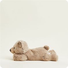 a brown teddy bear laying on its side