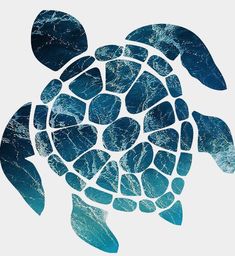 a turtle made out of sea glass on a white background with blue watercolors