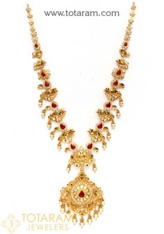 22K Gold Temple Jewellery Necklaces -Indian Gold Jewelry -Buy Online Temple Jewellery Jhumkas, Haram Designs, 22k Gold Necklace, Temple Jewelry Necklace, Gold Peacock, Gold Temple Jewellery, Gold Jewelry Outfits, 22k Gold Jewelry, Jewellery Necklaces