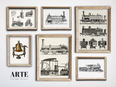 six framed pictures with different types of trains on them and the words arte above them