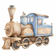 a wooden toy train is shown on a white background