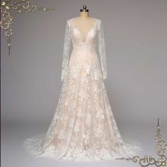 Champagne Lace Wedding Dress with Long Sleeves | AEDRE Champagne Lace Wedding Dress, Champagne Wedding Dress Lace, Dress Quotes, Wedding Dress With Long Sleeves, Long Lace Sleeves, Modest Neckline, Dream Dresses, Dress With Long Sleeves, Lace Wedding Dress