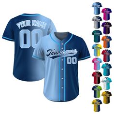 Gradient Custom Baseball Jersey is a stylish and functional piece that ensuring a comfortable fit for groups, individuals, couples, teams, or anyone who loves Baseball fashionable and sporty vibe. From casual outings to intense gameplay, this baseball jersey always guarantees both style and performance. If you have any other design ideas, or any changes to the jersey details, simply share an image and we will create a visual representation for you to confirm. ⚾FEATURES - Personalized with your c Blue Varsity Jersey With Team Name, Blue Team Spirit Jersey For College, Blue College Team Spirit Jersey, Blue College Jersey With Team Spirit, Blue College Jersey With Team Spirit Style, Blue College Baseball Jersey With Letter Print, Blue Letter Print Jersey For College, Blue Baseball Season Jersey With Letter Print, Blue Jersey With Letter Print For Baseball Season