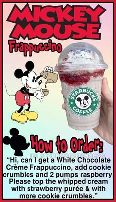 mickey mouse frappuccino with creme and whipped cream in it is being advertised