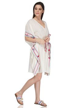 Kaftan Dress Swim Cover Up V-Neckline Embroidery Around The Sides With Pompom Detail Drawstring Tie At Waist With Tassel Detail Made In Cotton Lurex Stripe Detail Embroidered Caftan, Embroidered Kaftan, Boho Girl, Kaftan Dress, Swim Cover, V Shape, Pom Pom, Cover Up, Cotton Fabric