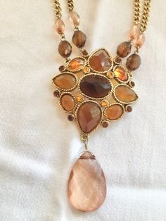 Vintage chunky retro boho necklace double beaded chains & cluster medallion with big faceted teardrop stone by 1838plantation on Etsy Chunky Statement Necklace, Vintage Jewelry Necklace, Necklace Chunky, Stone Gold, Autumn Colors, Multi Strand Necklace, Metal Necklaces, 1980s Vintage, Boho Necklace