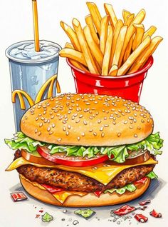 Fast Food Drawing, Hamburger Fries, Hamburger And Fries, Menue Design, Sweet Dumplings, Fast Food Items, Foodie Art