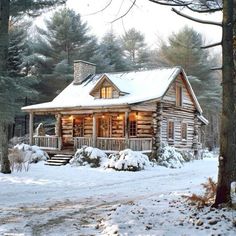 a log cabin in the woods with snow on the ground