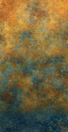 an abstract painting with orange, yellow and blue colors on it's surface is shown