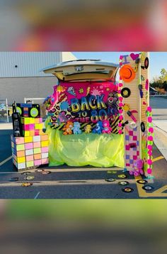 70s Theme Trunk Or Treat Ideas, Trunk Or Treat Ideas 80s Theme, 80s Themed Trunk Or Treat, 80s Trunk Or Treat Ideas, Neon Trunk Or Treat, Rock Star Trunk Or Treat, 90s Trunk Or Treat Ideas, Trunk Or Treat Disco Theme, 80s Trunk Or Treat Ideas For Cars