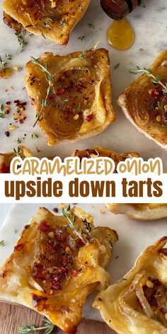 caramelized onion upside down tarts with herbs on top