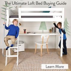 two children are playing in the loft bed buying guide, which includes bunk beds and desks