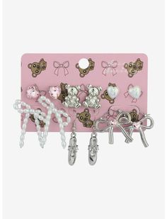 Sweet Society Ballet Ribbon Earring Set | Hot Topic Kawaii Jewelry Aesthetic, Sweet Society Hot Topic, Ribbon Earring, Vivien Westwood, Sweet Society, Ballet Ribbon, Dream Earrings, Coquette Jewelry, Doll Closet