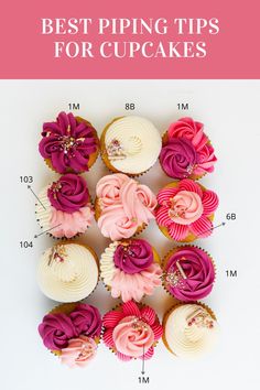 cupcakes with pink and white frosting on top, labeled best piping tips for cupcakes