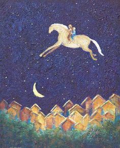 a painting of a white horse flying through the night sky