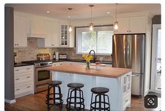 a kitchen with an island and three stools