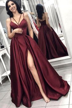 Sweep Train Prom Dress, Split Prom Dresses, Evening Dress Long, Winter Formal Dresses, A Line Evening Dress, Prom Dresses With Pockets, Spaghetti Strap Prom Dress, Prom Dresses 2019, Satin Evening Dresses