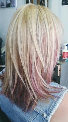 Purple Peekaboo Highlights For Dark Hair, Pink Peekaboo Highlights Blonde, Pink Lowlights In Blonde Hair, Light Pink Highlights In Blonde Hair, Blonde Hair With Pink Peekaboos, Blush Blonde Hair, Blonde Hair With Color Peekaboos, Pink Highlights In Blonde Hair, Purple Hair Color Ideas