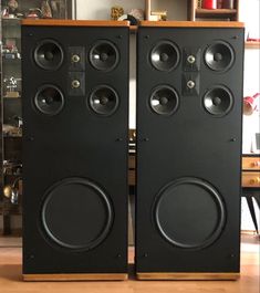 two speakers sitting side by side on top of a hard wood floor