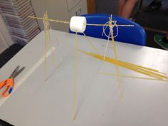 a pair of scissors sitting on top of a table next to some tape and twine