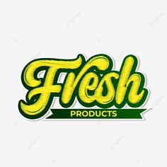 fresh products logo design with green and yellow lettering on white background, logos, stickers, label png and psd