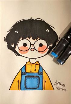 a drawing of a boy with glasses and overalls, next to some crayons